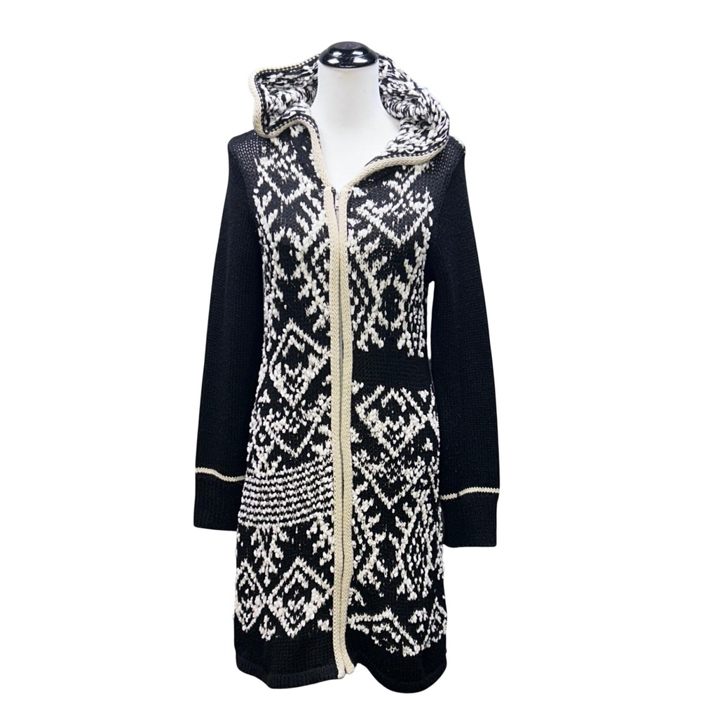 Venus Hooded Cardigan Women Size M Black White Geometric Excellent Longline Zip